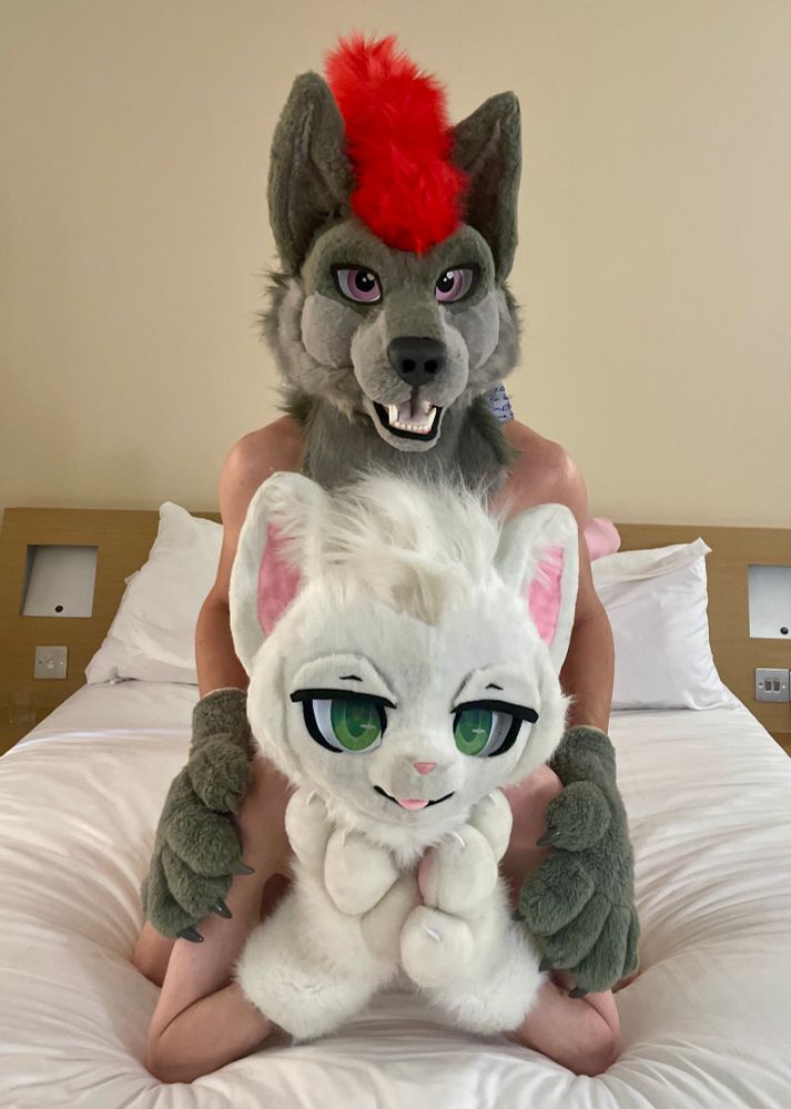 Liamm laying on a bed facing the camera with Brock on top of his back