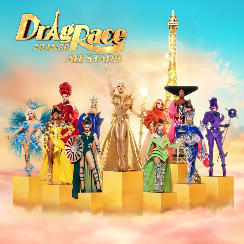 Key art for Drag Race France All Stars featuring the cast of French drag queens. 