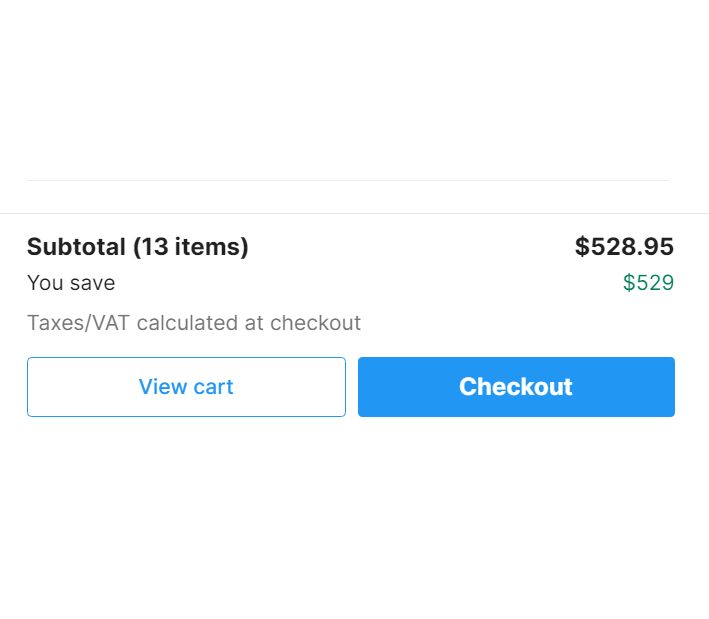 Unity Asset Store cart, 13 items subtotal $528.95. Savings $529! Option buttons to View Cart or Checkout