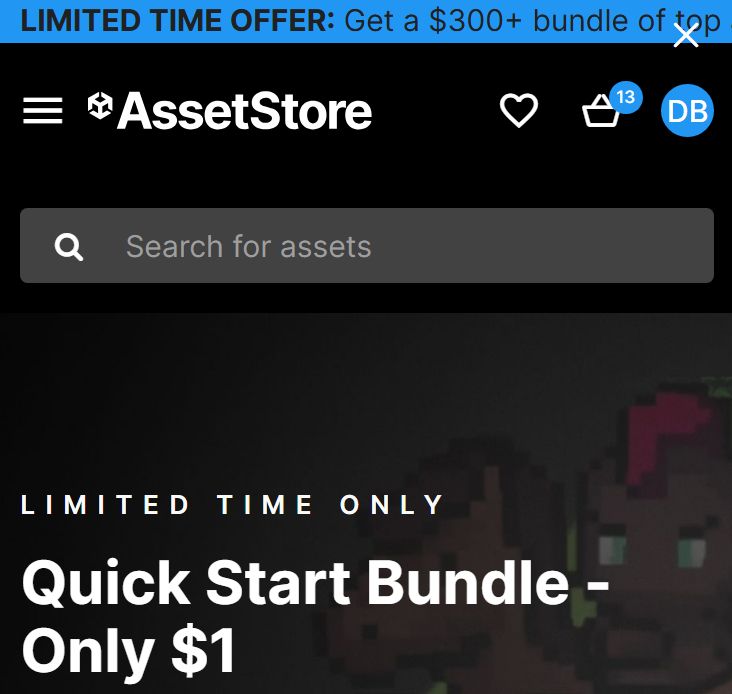 Unity Asset Store screenshot with 13 items in cart. 