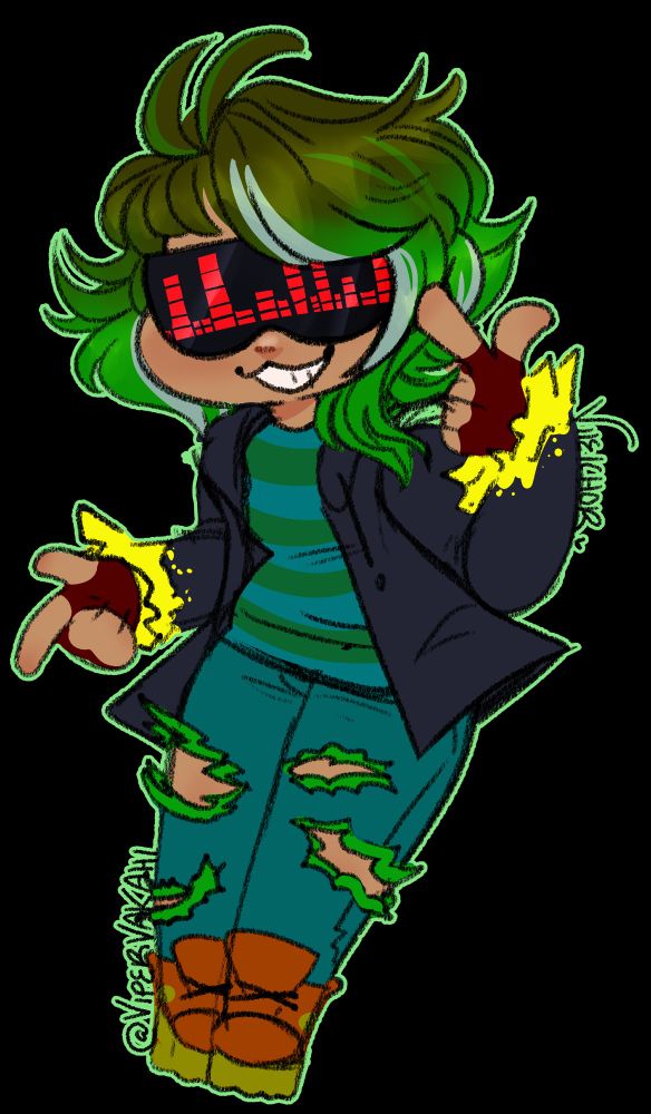 Art piece for viper vakahi, a masculine interdimensional traveler with a light brown complexion 
he has fluffy green hair that's dark at the roots and fades to a neon green with white streaks, its cut short in the back just reaching his nape, it curls up in cowlicks, his bangs are to the left of his face, and two face framing pieces hang just past his chin
he wears a dark blue hoodie with torn yellow edges on the sleeves 
under that hoodie is a green and blue horizontal striped tank top,
he has a pair of visor like shades with a red pixel audio visualizer displayed across them
he wears a pair of light blue jeans that have multiple frayed holes from the calf to the upper thigh on each leg, the fraying on each hole is neon green. he has a pair of reddish high-top converse with yellow/green soles and decal on the sides
He's currently has his fingers in a finger gun motion and his body is posed like a obtuse angle