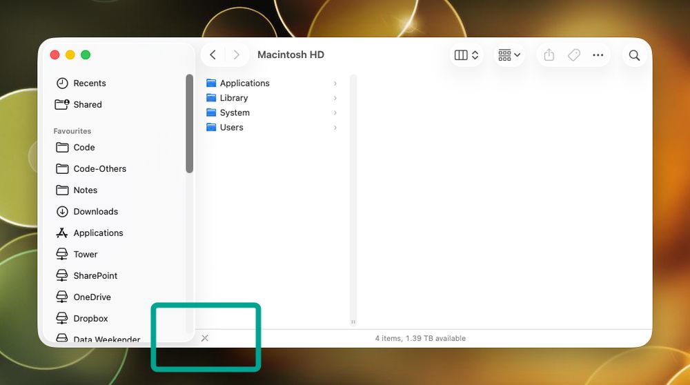 A screenshot of a finder window, the sidebar has the new “glass” layout which means that it is isolated from the rest of the window in a “glass” rectangle with rounded corners but the status bar is still a constant bar on the underside of the finder window and so there is a this ghastly overlap where the sidebar just runs over the top of the sidebar. 
