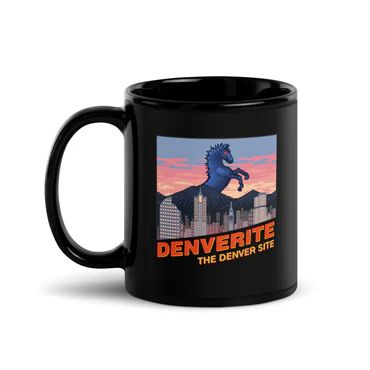 A mug with an 8-bit-style image of a demonic blue horse rearing up over  a Denver skyline. The text says "DENVERITE THE DENVER SITE"