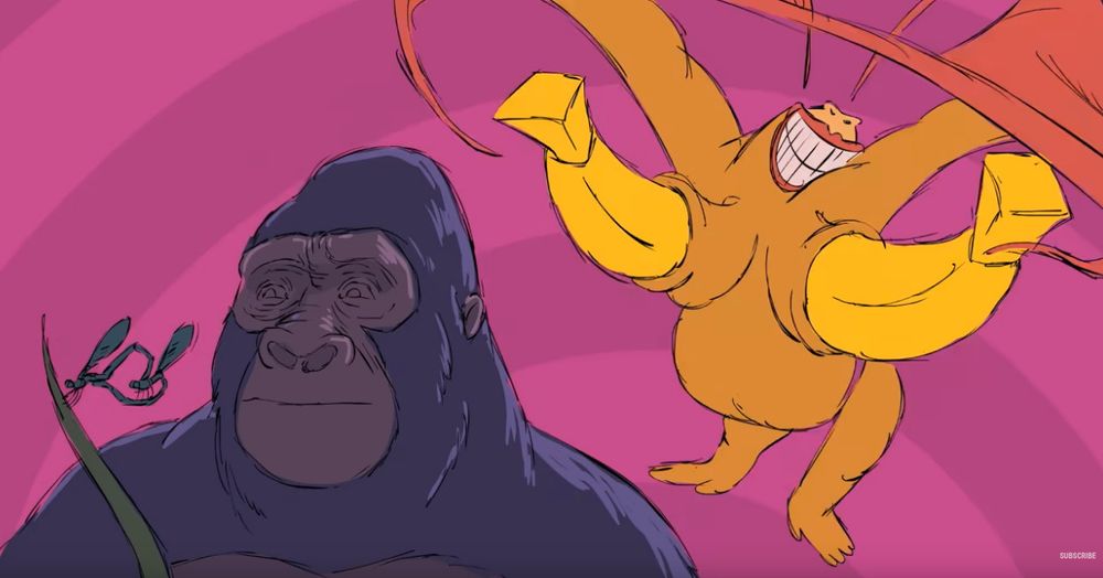 in Blockhead's "Music Scene" video (animated by Anthony Schepperd) a feminine "sexy" ape is pulling bananas out of her boobs while a disinterested ape ignores her and calmly watches dragonflies mating