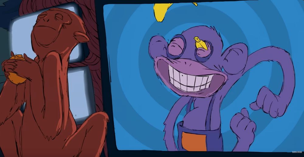 in Blockhead's "Music Scene" video (animated by Anthony Schepperd) a tv screen shows a happy cartoon monkey with bananas revolving into and out of his eyeholes while he dances merrily while an actual monkey ignores the TV and clutches a piece of fruit