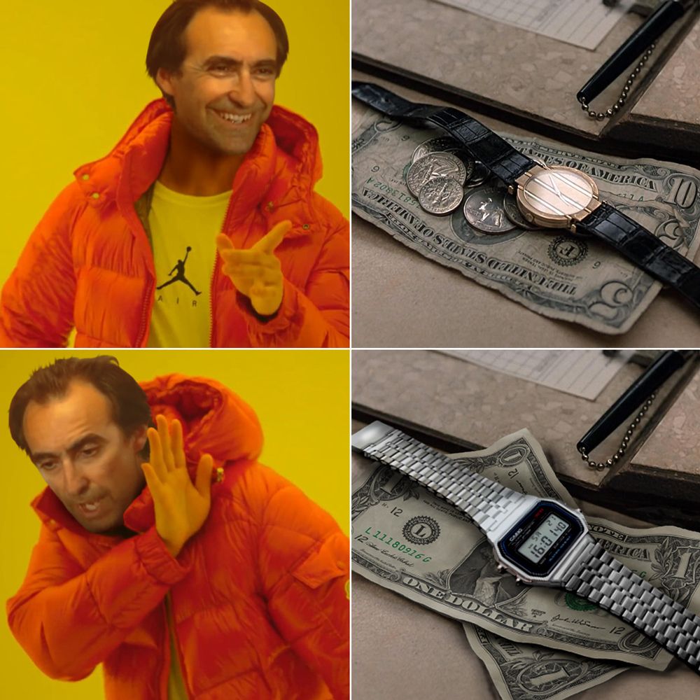 The 4 panel Drake meme, but Drake has been swapped for the hotel clerk from "Planes, Trains and Automobiles". In the top left panel, he's all smiles because the top right panel contains Neal's $17 and a hell of a nice watch. He's not so happy in the bottom left panel because the bottom right panel only contains Del's $2 and a Casio watch.