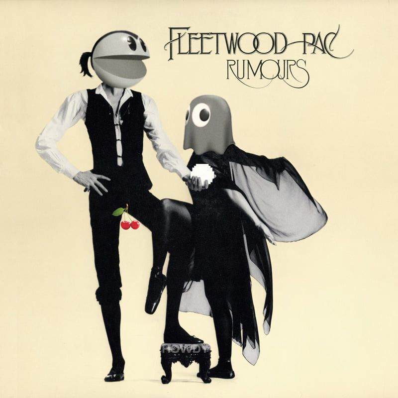 The album cover for Fleetwood Mac's "Rumours" but Mick Fleetwood is now Pac-Man, holding a power pill instead of  the crystal ball, and Stevie Nicks is now a ghost. Mick has two dangling cherries where his clackers used to be.