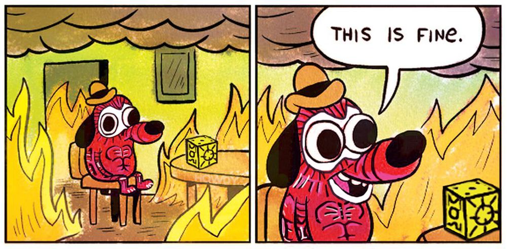 The "This Is Fine" meme, but the dog has had all of his skin removed. On the table next to him is a Lament Configuration puzzle box. He seems quite happy with his current condition because he's saying "THIS IS FINE" with a smile on his lipless mouth.