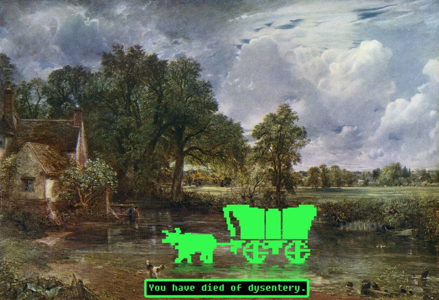 Constable's landscape painting of The Hay Wain, showing a hay wain making it's way across a shallow point on the River Stour. The cart has now been replaced by the covered wagon from the Oregon Trail game. The word panel beneath the image says 