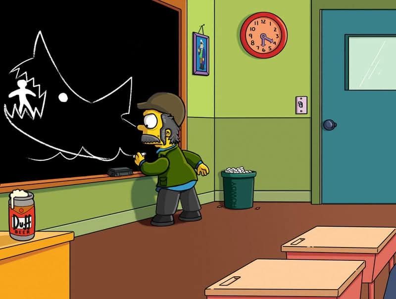 The image of Bart Simpson writing lines on the blackboard, but Bart is now Quint from "Jaws" (1975) and the lines have been swapped for his chalk drawing of the shark eating somebody. Or should I say his SECOND DRAWING OF THE SHARK, because it was obvious to me, even as a kid, that they'd drawn a shark, didn't like it, rubbed it out and drew another. Its ghostly outline can still be seen, haunting the same area of the blackboard the now iconic pointy-nosed shark inhabits. Anyway, there's also an open can of Duff beer on the teacher's desk, the clock reads 6.20 (June 20th) and there's a framed picture of Captain McCallister on the wall.