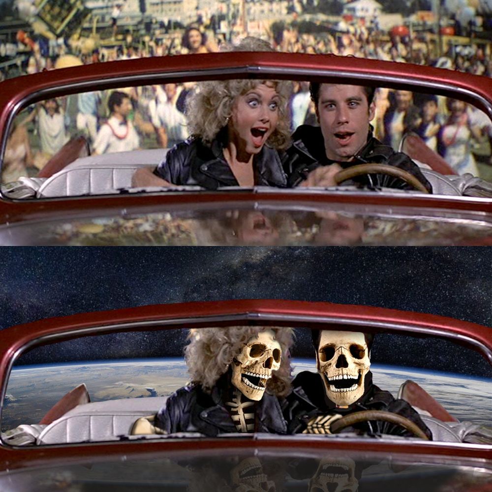 A 2 panel portrait image. The 1st panel shows Danny and Sandy from the end of "Grease" (1978) where, for absolutely no reason I've ever been able to fathom, the car they're driving inexplicably takes off and they fly away. The 2nd panel shows the same image, but their car is now in orbit above the Earth and Danny and Sandy are both leather-clad skeletons. 