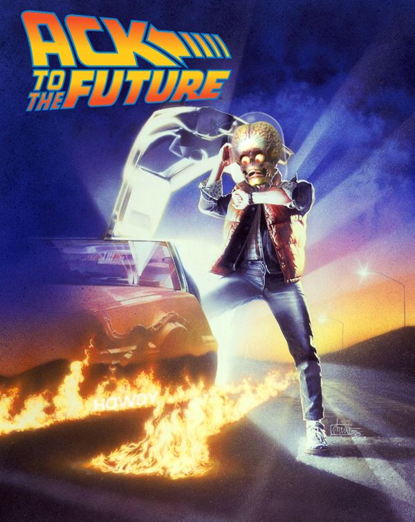 The twilight movie poster for "Back to the Future" which shows Marty - bathed in light from the open door of Doc Brown's DeLorean as he straddles twin flaming tyre tracks on the road - looking at his watch. Marty's head has now been replaced by the head (and funky glass dome) of one of the aliens from "Mars Attacks!". The poster now reads "ACK TO THE FUTURE".