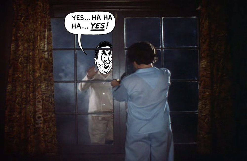 The scene from Tobe Hooper's 1979 adaptation of "Salem's Lot", showing the recently vamped Ralphie Glick scratching at the bedroom window of his brother, Danny, and asking to be let in. A now mesmerised Danny is about to open the windows. I mean, let's be honest, you'd have to be mesmerised to invite one of those creepy fuckers into your house. Anyway, Ralphie's head has been swapped for the face of  the Sickos meme. The speech bubble next to him reads "YES... HA HA HA... YES!" because he knows he won't be using Deliveroo tonight.