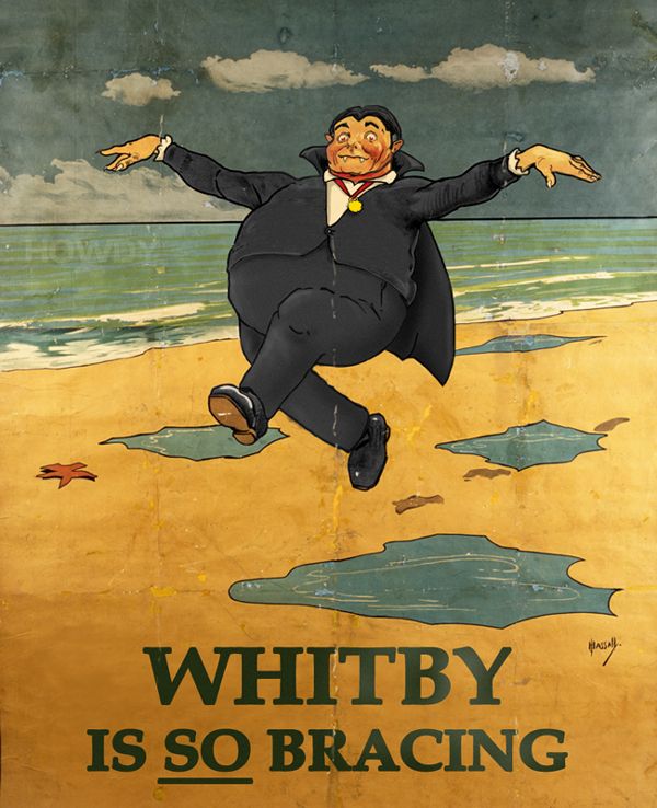 The Jolly Fisherman/"Skegness is so bracing" poster by John Hassall for GNR, except the Jolly Fisherman is now a Jolly Count Dracula. The wording has been changed to "WHITBY IS SO BRACING".