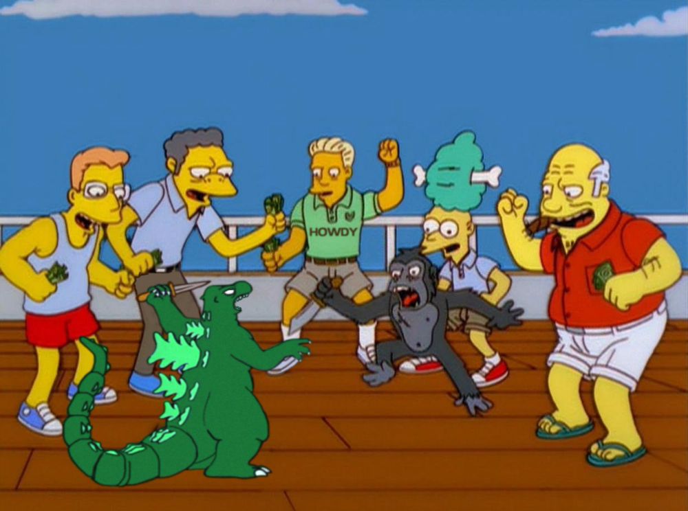 The Simpsons "Monkey Knife Fight" meme which shows some of the regulars standing on the deck of a boat with money in their hands as they cheer on two monkeys fighting with knives. One of the monkeys is now a tiny King Kong, (so I did nothing with it other than make him black and grey, like the corner-cutting swine I am), while the other is a tiny Godzilla. They've still got their blades and don't seem afraid to use them..