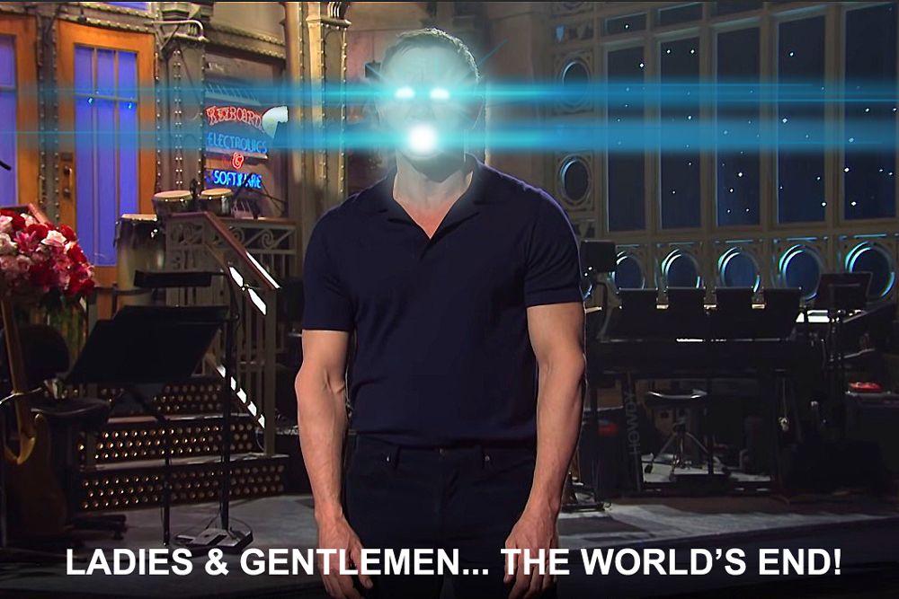 The Daniel Craig "Ladies and Gentlemen, The Weeknd" meme from SNL which shows Dan in a dark blue polo shirt announcing The Weeknd. There's a bright blue light emanating from his eyes and mouth, just like the aliens in "The World's End" (2013) and the wording underneath him reads "LADIES AND GENTLEMEN... THE WORLD'S END!".