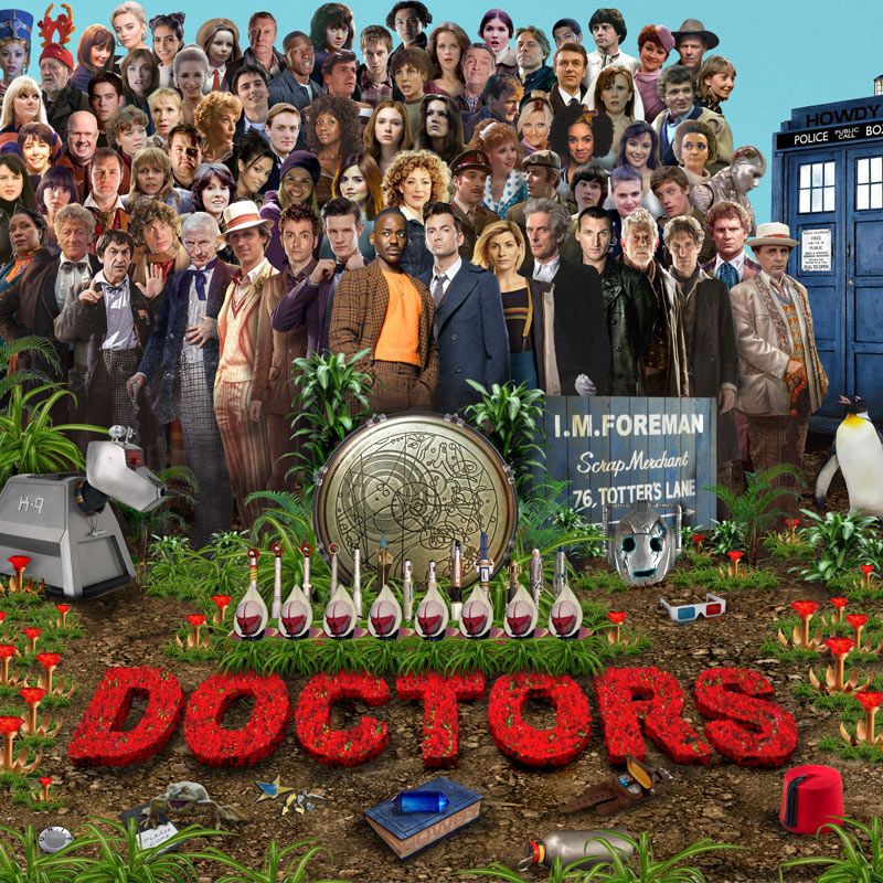 The Sgt. Pepper's Lonely Hearts Club Band album cover, but it's all Doctor Who related. The entire front row features nothing but Doctors. All of the remaining positions are held by friends, companions and family. No, I won't be naming them all, but I have snuck a Frobisher (as penguin) in there because if any character deserves their time in the sun, it's him. We also have a TARDIS, K-9, the majority of sonic screwdrivers, and various props from the show's 62 years, including the I. M. Foreman Scrap Merchant sign, a classic UNIT patch, Adric's broken badge and one of Ace's Nitro-9 grenades.
