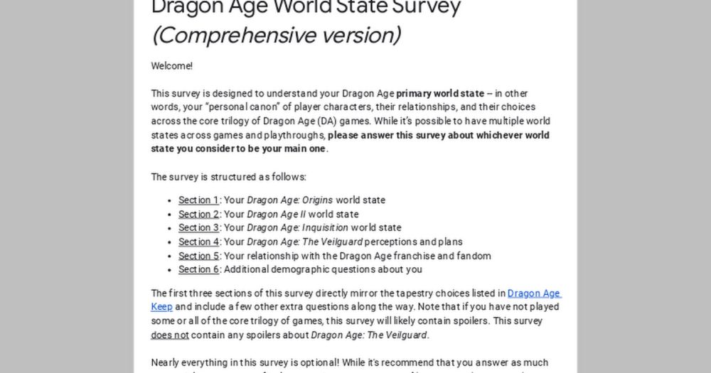 Dragon Age World State Survey (Comprehensive version)