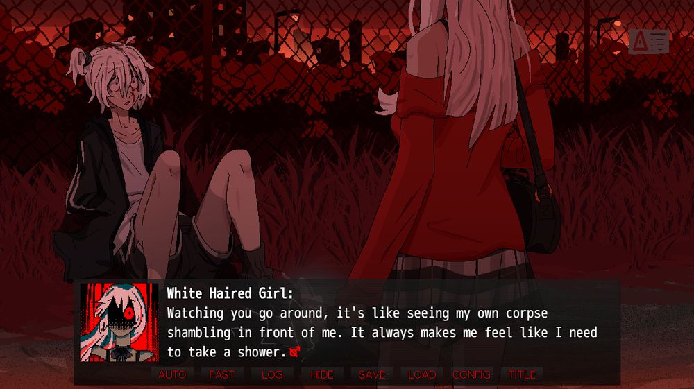 A screenshot from my visual novel. Two girls, one is looming over the other while holding a taser. The dialogue says "White Haired Girl: Watching you go around, it's like seeing my own corpse shambling in front of me. It always makes me feel like I need to take a shower."