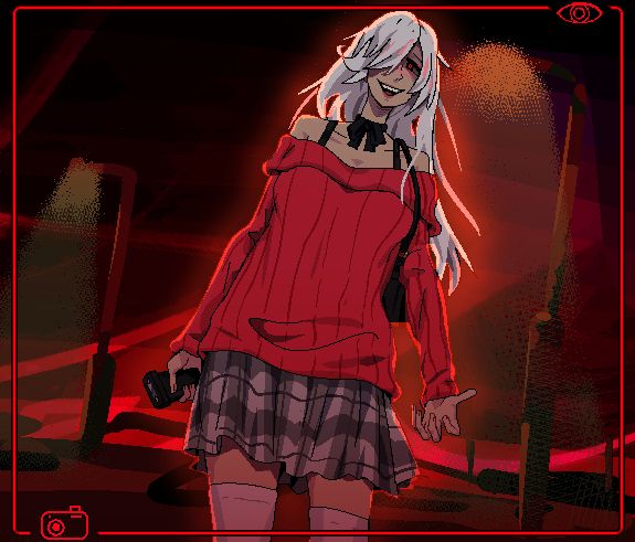 Drawing of a girl with long hair in a sweater and skirt, holding her hand out to the viewer with a taser in the other hand. Street lamps illuminate the background.