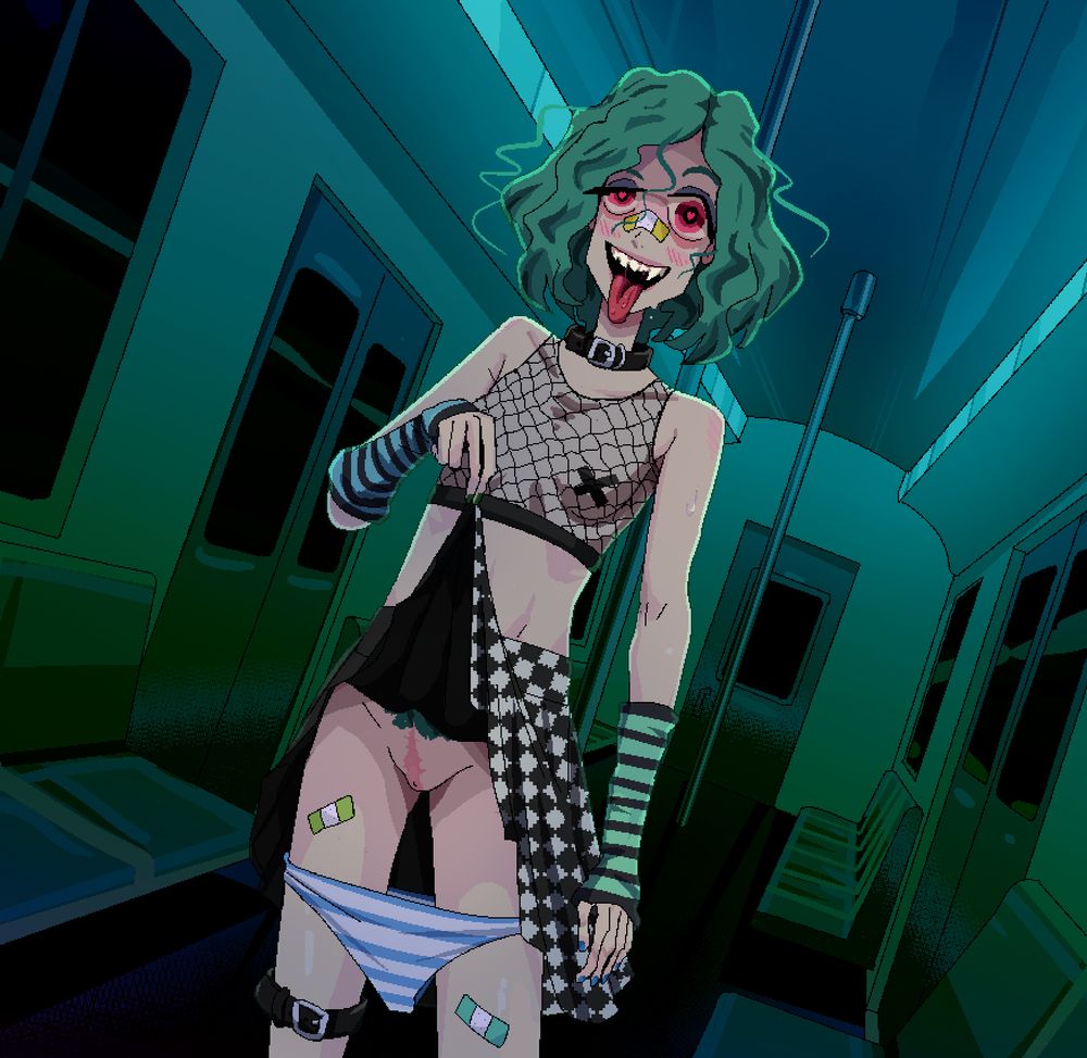 Drawing of a femme person on a train, lifting up its skirt and looking at the viewer with a deranged, playful expression, tongue out. Its crotch is revealed, showing a faint scar with removed genitals.