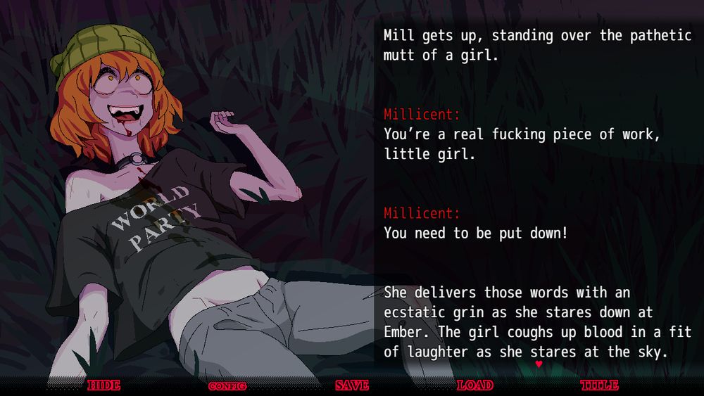 A screenshot of Girls' Symbiosis. It features a drawing of a girl pushed into the dirt and mud being lambasted.