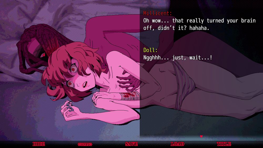 A screenshot of Girls' Symbiosis. Featured in the screenshot is art of the main character being groped by another woman in bed as they lay nude.
