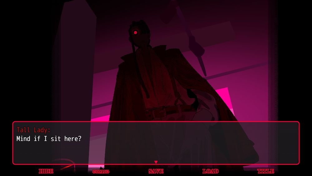 A screenshot of Girls' Symbiosis. It features a drawing, looking up at a tall shadowy figure with a glowing eye