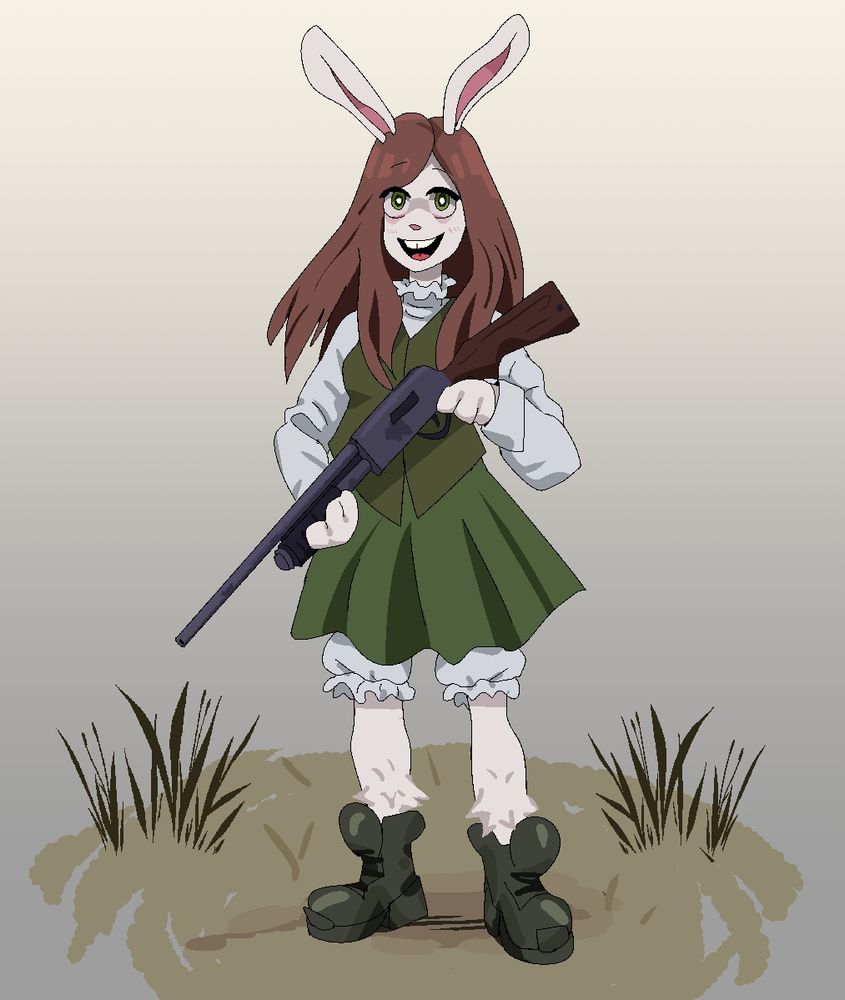 A bunny girl in a green skirt and waistcoat and a pretty shirt, wearing military boots holding a 12 gauge shotgun.