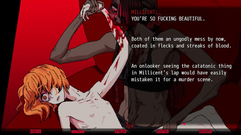 A screenshot of Girls' Symbiosis. The screenshot features art of a girl, the main cahracter, having her blood sucked through a wound on her wrist.