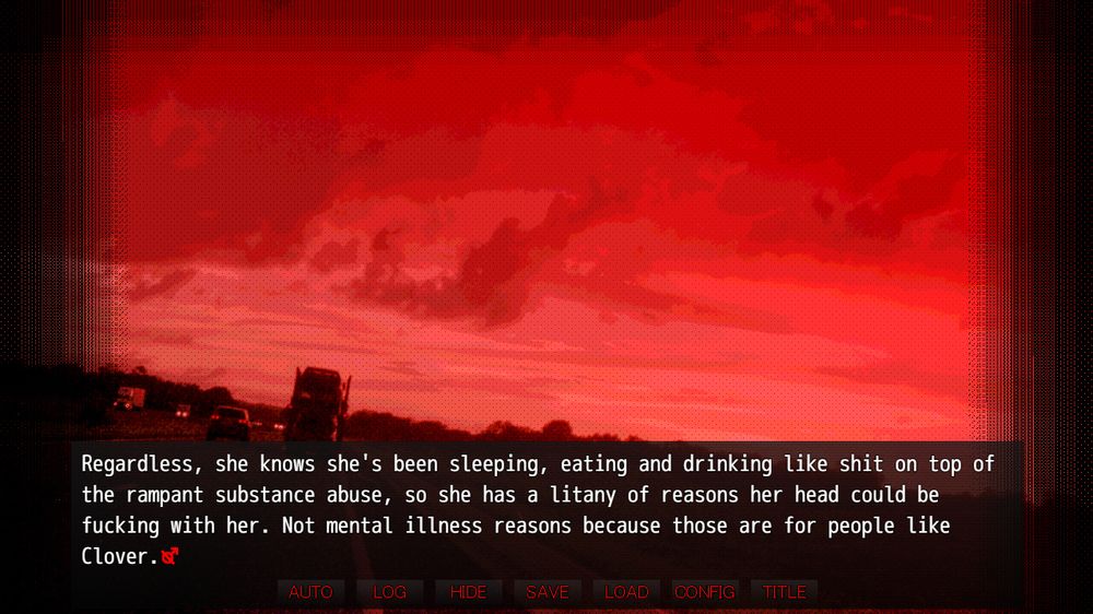 Screenshot 2 of my visual novel: Lotus musing to herself about her various problems. The background is a red sky on the highway.