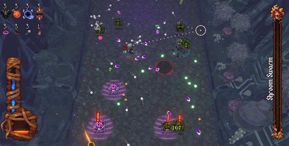 The FUNGAL x FOREST level of BALL x PIT with only a couple of enemies left and the boss strength meter at zero.