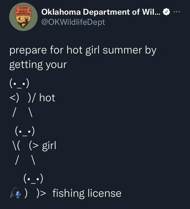 A tweet from Oklahoma Department of Wildlife. It uses punctuatiin to create a little  sassy person. Near it it says "hot girl fishing license" Near the last little sassy person there's the fishing emoji.