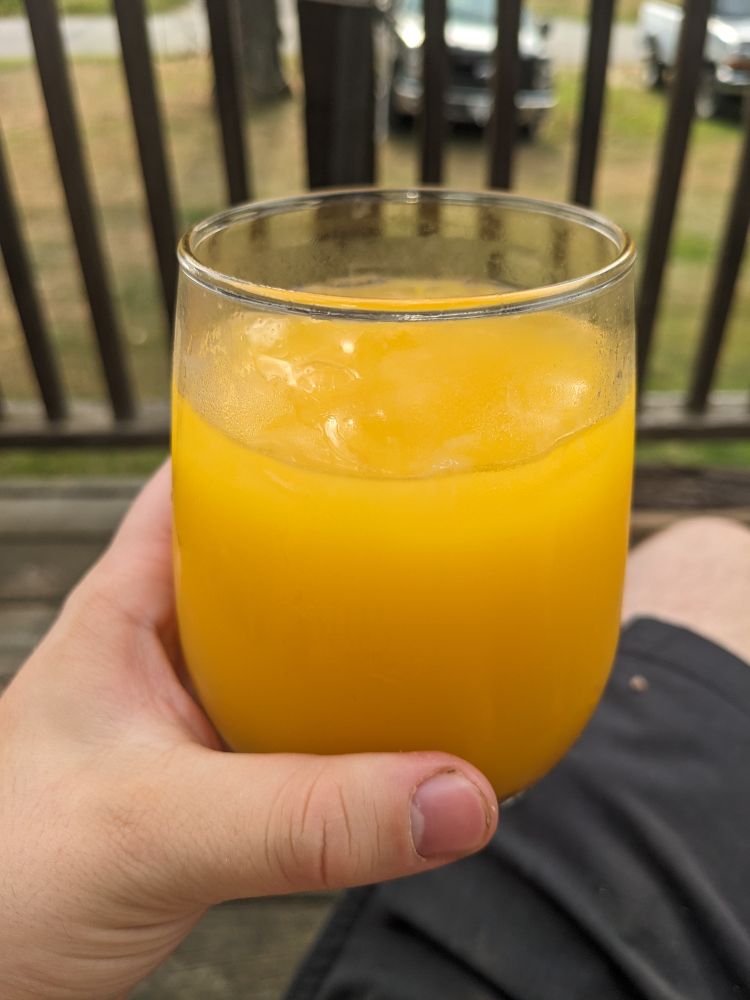 Picture of a hand holding a glass of mango margarita with ice in it.