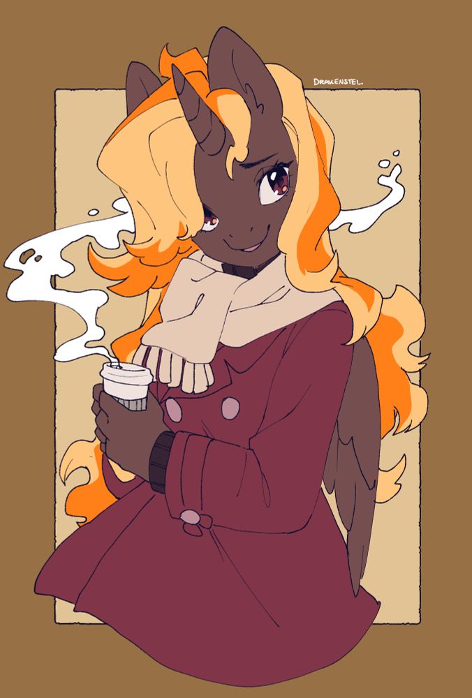 An anthro alicorn, Firebreak, holds a steaming hot drink in a to-go cup, dressed in a burgundy coat and  beige scarf. Wish fiery mane has a bit more twist, and wish wings, while exposed, are tucked against wish back. A piece for autumn of 2023.