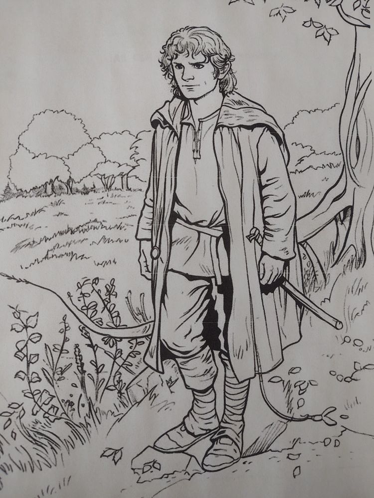black and white line drawing of bilbo baggins but he's too attractive and he's got shoes and the background doesn't make sense