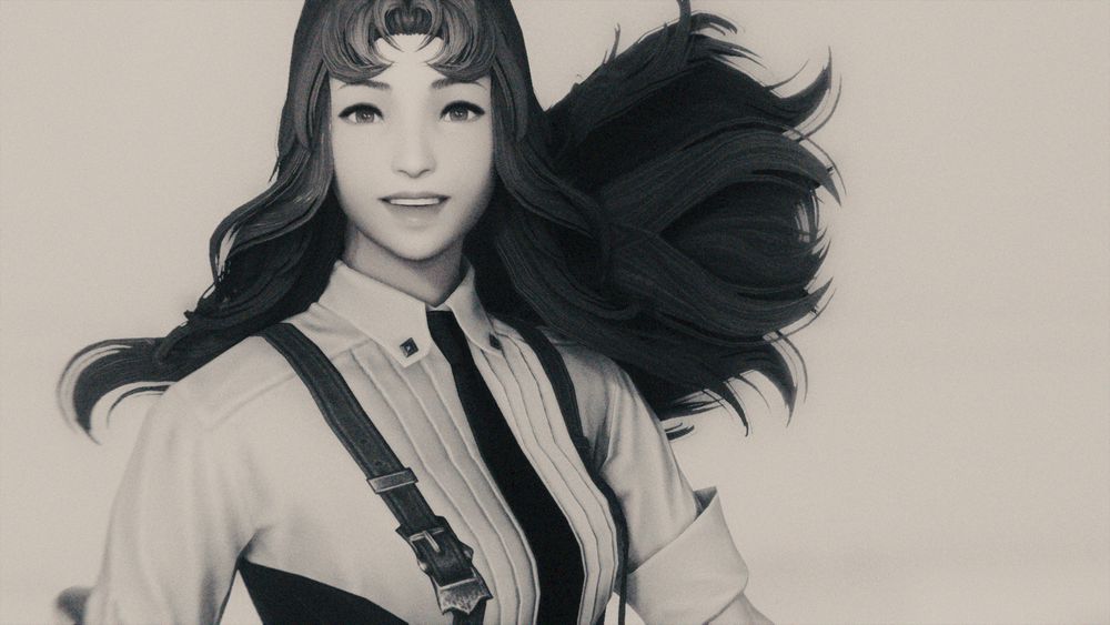 Camilla in a black in white photo. She looks like she's maybe been surprised and is in mid-turn.