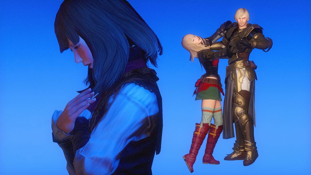 Against a blue background, Samantha and Romeo dance the paso doble. Behind them their daughter, Camilla, has her arms pulled up to her chest and seems to be about to cry. Samantha looks behind herself with a concern expression.