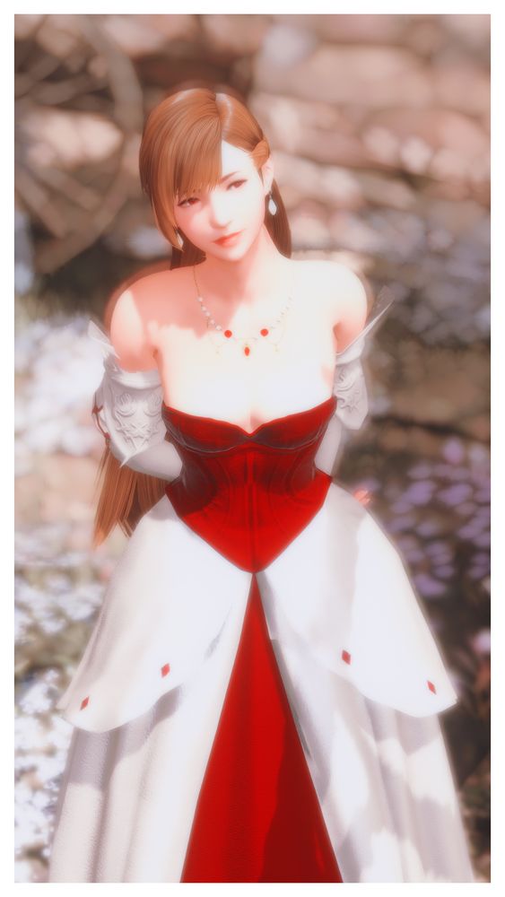 Camilla, a brunette hyur, in a red and white dress with puff sleeves and a corseted waist. She's looking up and away at something.