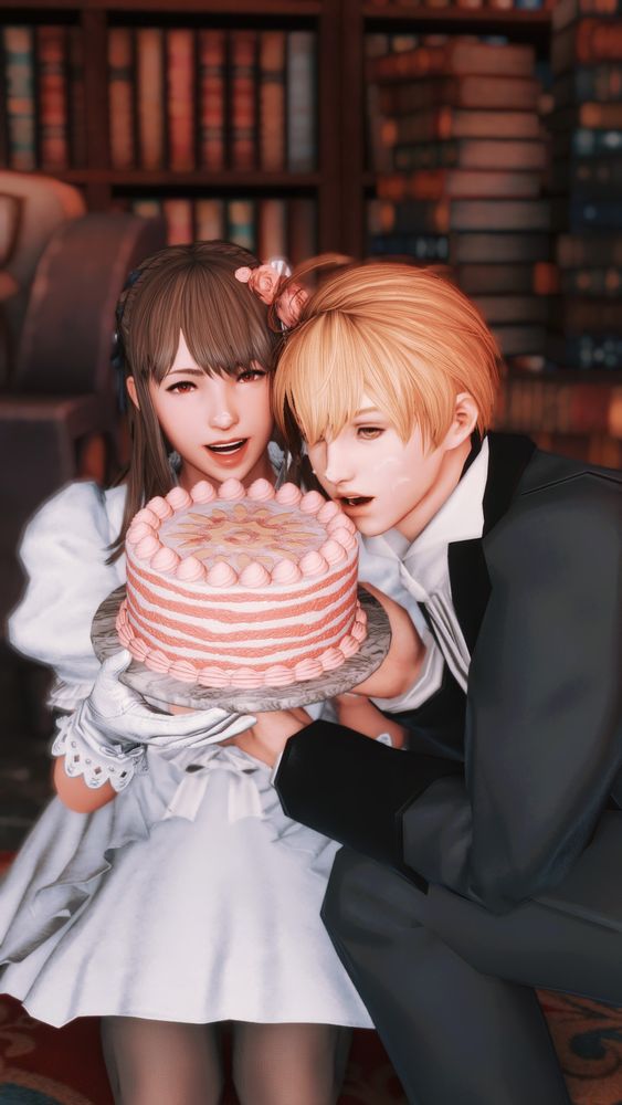 Camilla, in a white dress and white gloves, pretends to take a big bite out of a pink and white cake. She has a smudge of frosting on her nose. Ramza, kneeling beside her, is in a black tuxedo and has frosting on his nose and cheek.

Dress: https://trello.com/c/mMT1haDO/69-selkie-dreams-for-tall-female-base-quaintrelles-ruffled-dress-bibo
Hair piece: https://trello.com/c/ch6HOHtw/20-%E2%AD%92%E2%9C%A7-decadence-theory