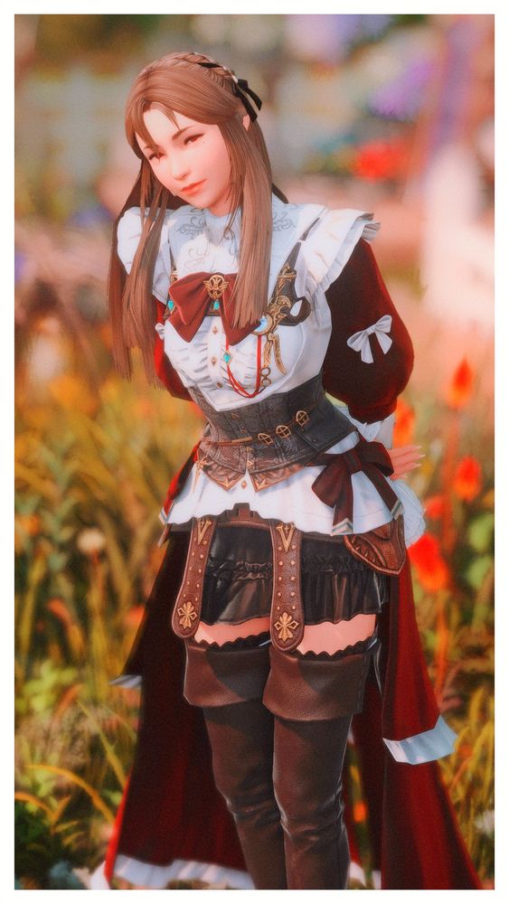 Camilla stands outside in a flower bed. She's wearing a red and white outfit with brown boots. Her hair is partially tied up in ribbons. She's leaning forward slightly and has her face turned toward the viewer.