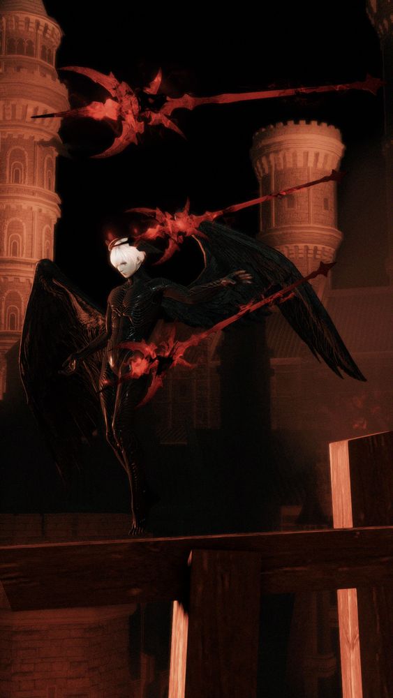 Altima, a black winged creature resembling an angel, readies three ensanguined spears while she perches atop the broken remains of a tower.