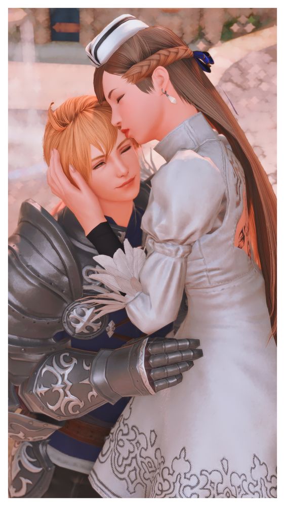 Ramza tilts his head back and leans into Cami as she plants a kiss on his forehead. She has one hand cupping his face and her other arm around his shoulder.