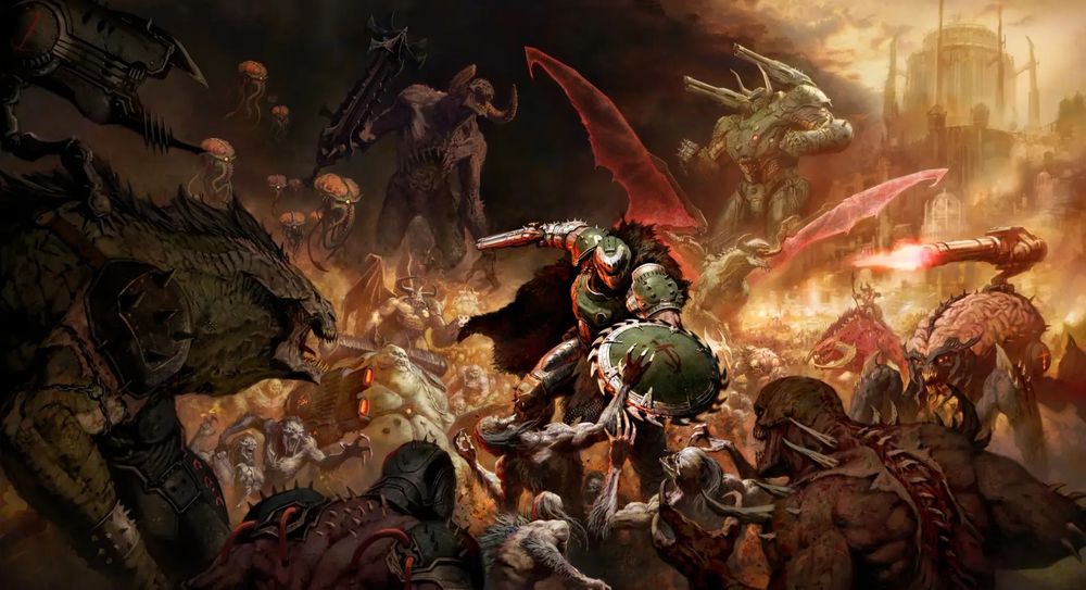 Slayer fighting demons. It's an artsy third-person shot, dramatically lit, that's meant to look like an old painting. 