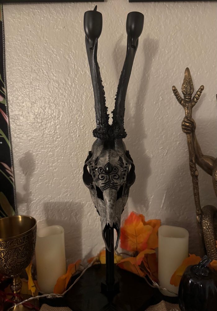 Decorative deer skull with candle holders. 