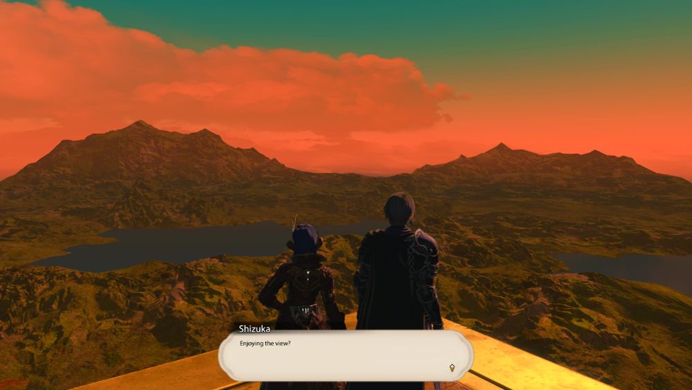 Shizuka and Zero stand atop a vantage point in Rads-at-Han, gazing out over the vast landscape beneath them. The sun is setting, casting everything in a warm glow, and the sky fades from teal to orange as the horizon stretches into the distance.

Shizuka: Enjoying the view?