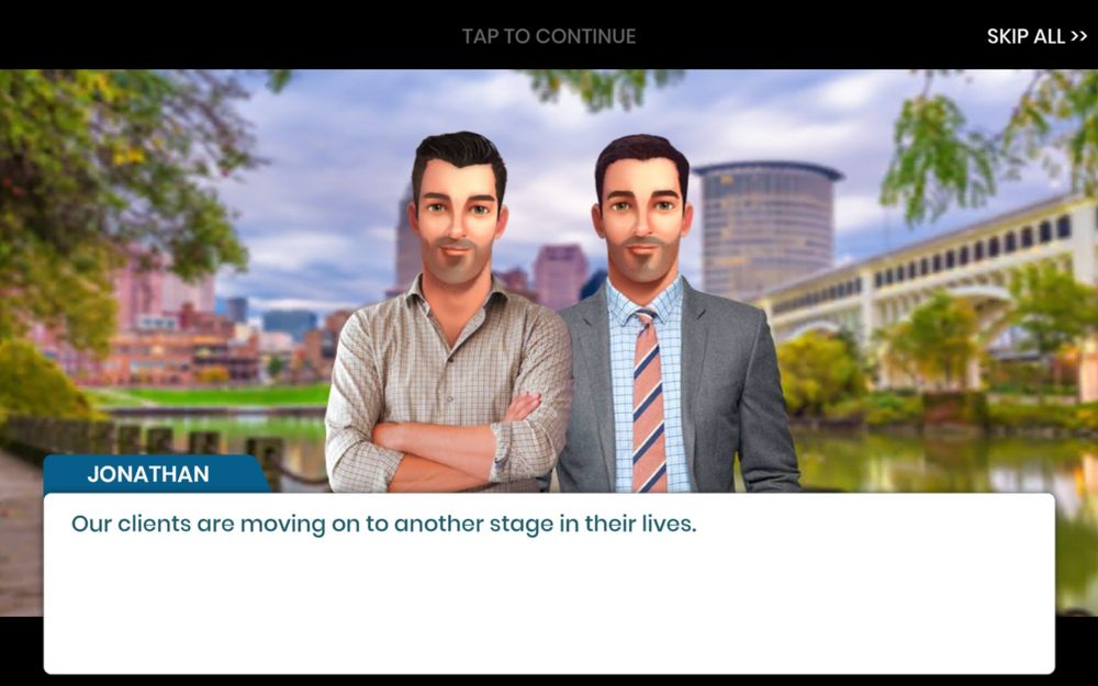 Several screenshots of the Property Brothers Home Design game in which they are standing in front of the skyline of Cleveland, Ohio, saying they have just finished working with clients living in Columbus.