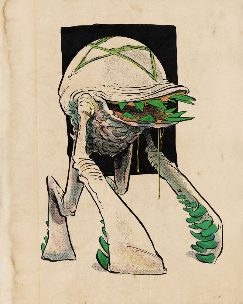 Drawing of Frankie Green Teeth, a weird creature with green teeth and strange flipper like limbs covered with hook like protrusons. Green teeth appears to have no head just bc a weird bill like mouth protruding from between it’s shoulders.