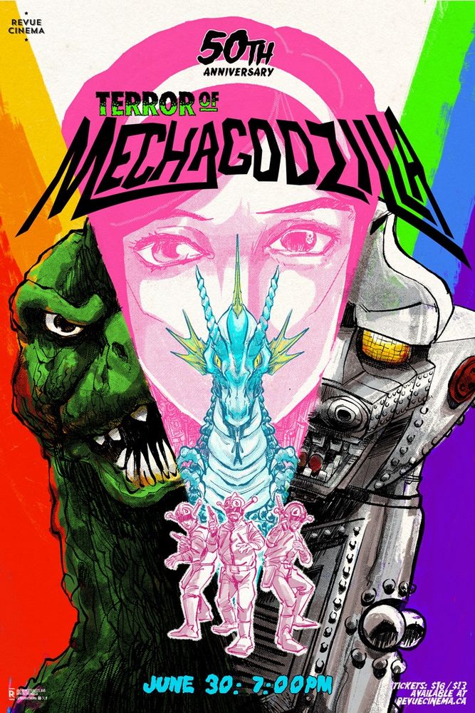 Poster for a screening of terror of Mechagodzilla featuring portraits of Godzilla. Mechagodzilla, a trio of aliens, the titanosaurus and Katsuna Mufune.