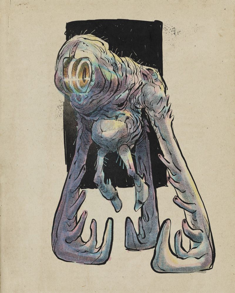 Weird white tripod monster with one giant glowing golden eye